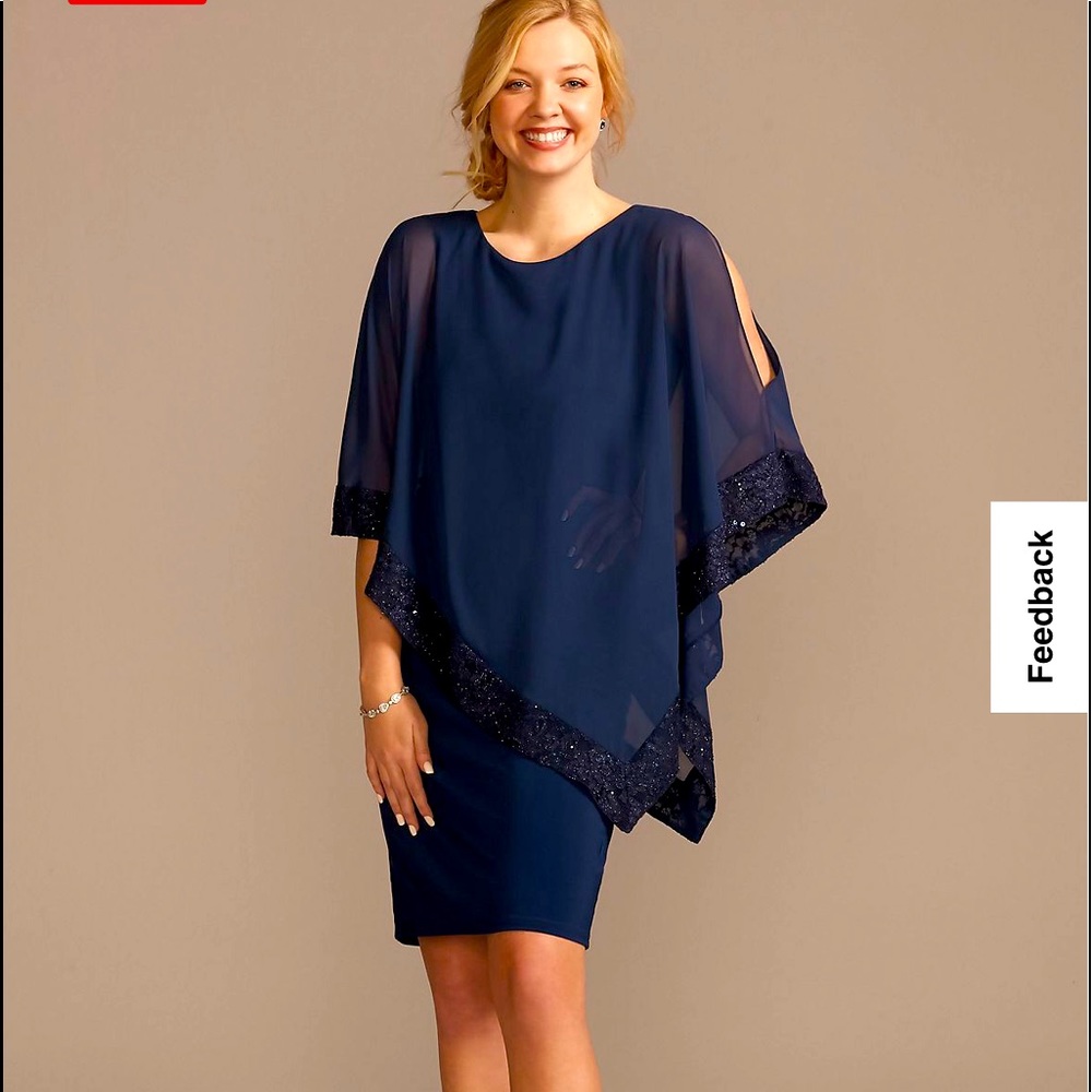 Navy blue chiffon-lace trimmed scoopneck Capelet Dress